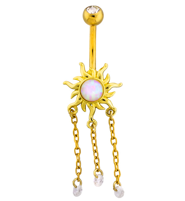Gold PVD Fiery Sun White Opalite Dangle Chains Stainless Steel Belly Button Ring