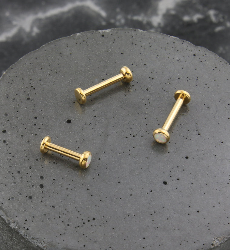 Gold PVD Flat Bezel White Opalite Internally Threaded Titanium Labret