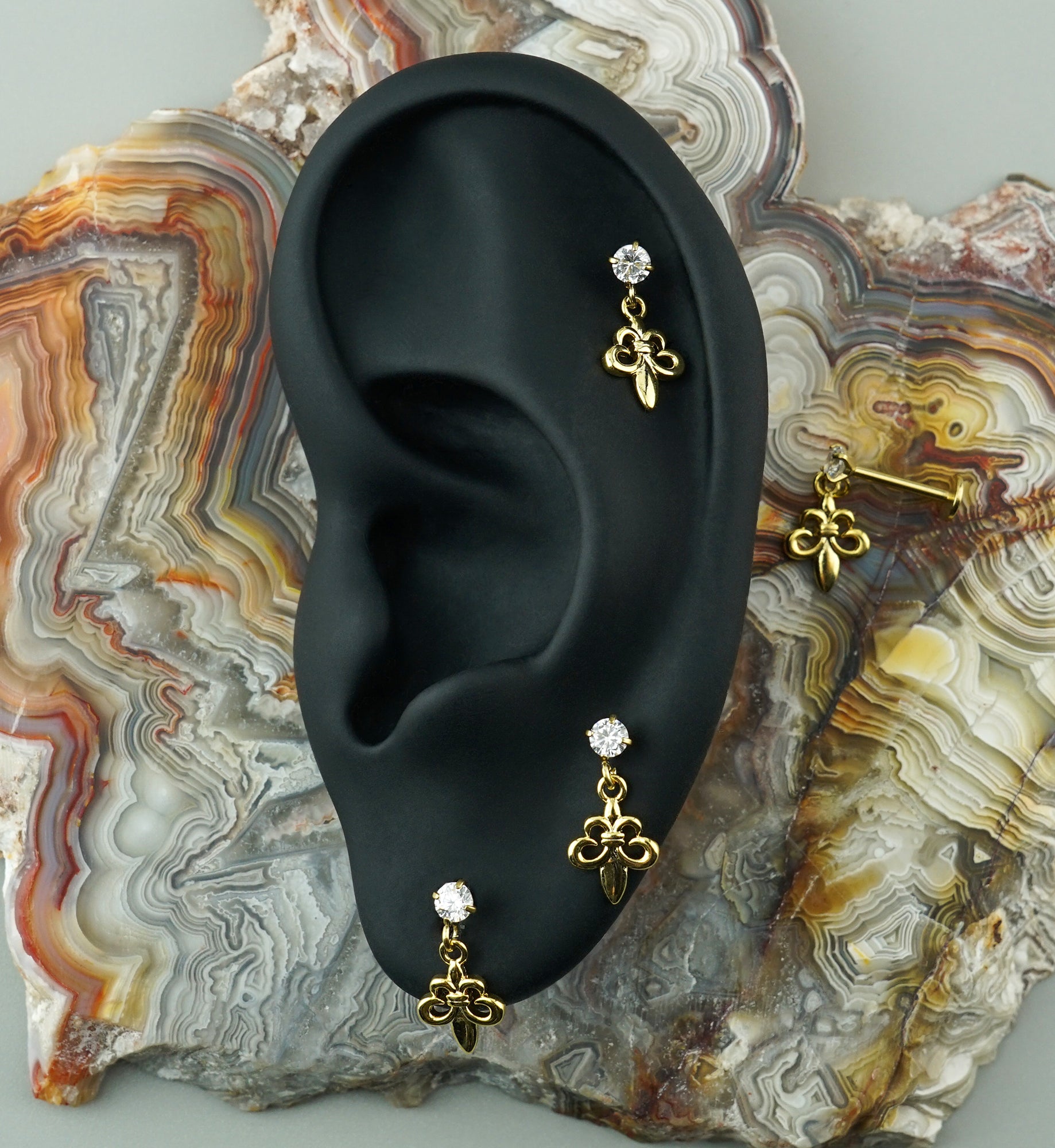 Gold PVD Fleur de Lis Dangle CZ Stainless Steel Threadless Labret