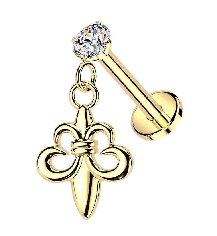 Gold PVD Fleur de Lis Dangle CZ Stainless Steel Threadless Labret