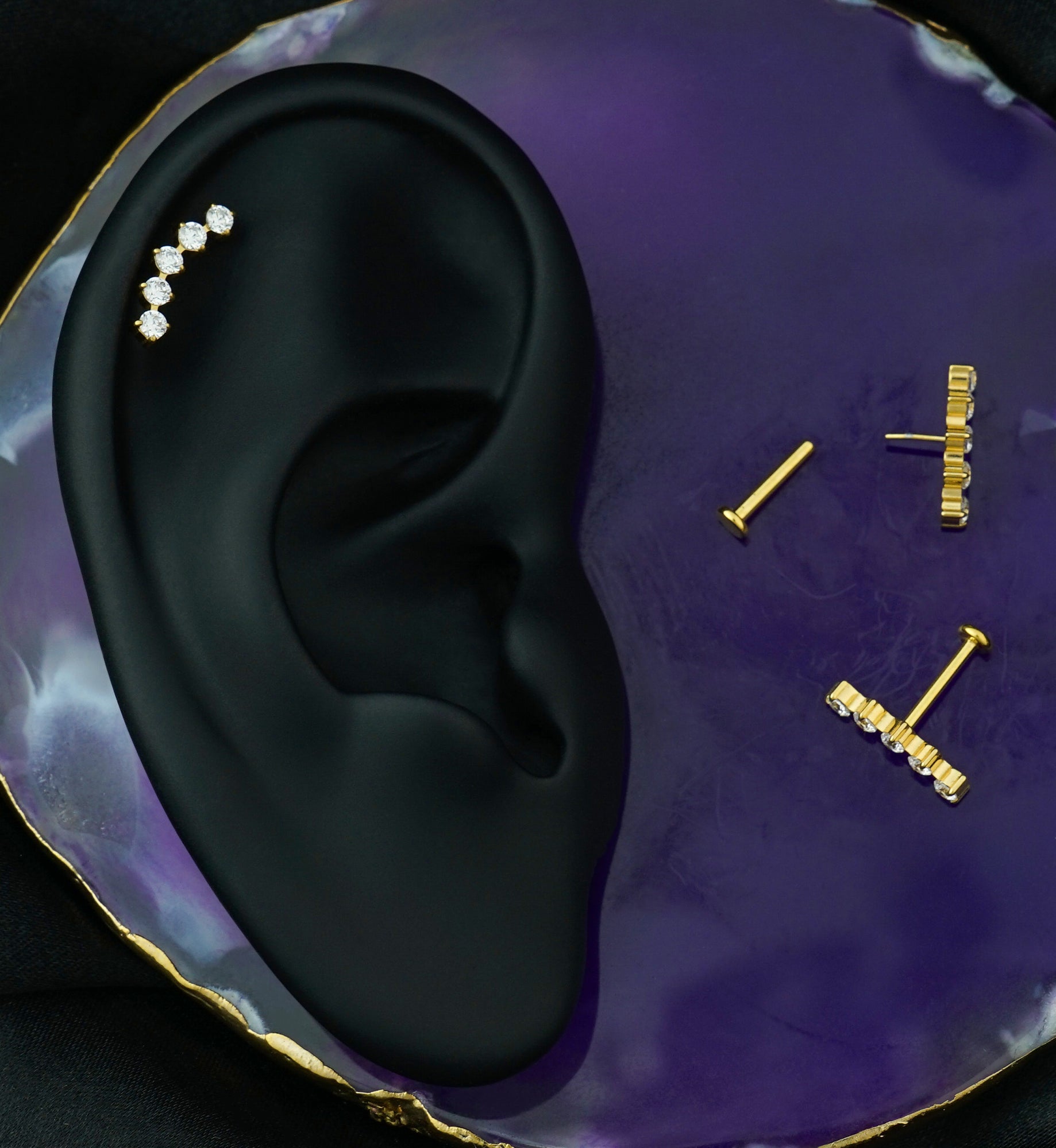 Gold PVD Flex Clear CZ Threadless Titanium Labret