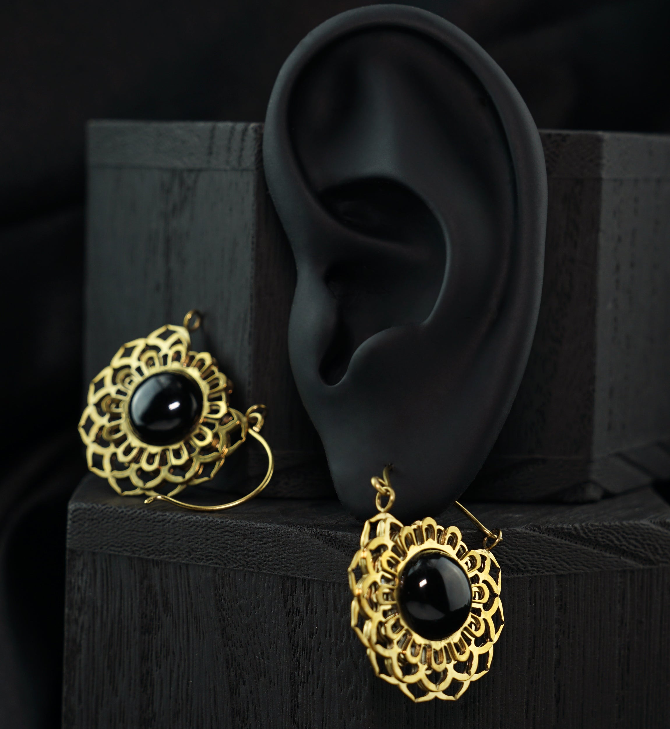 Gold PVD Floral Black Onyx Stone Inlay Stainless Steel Earrings