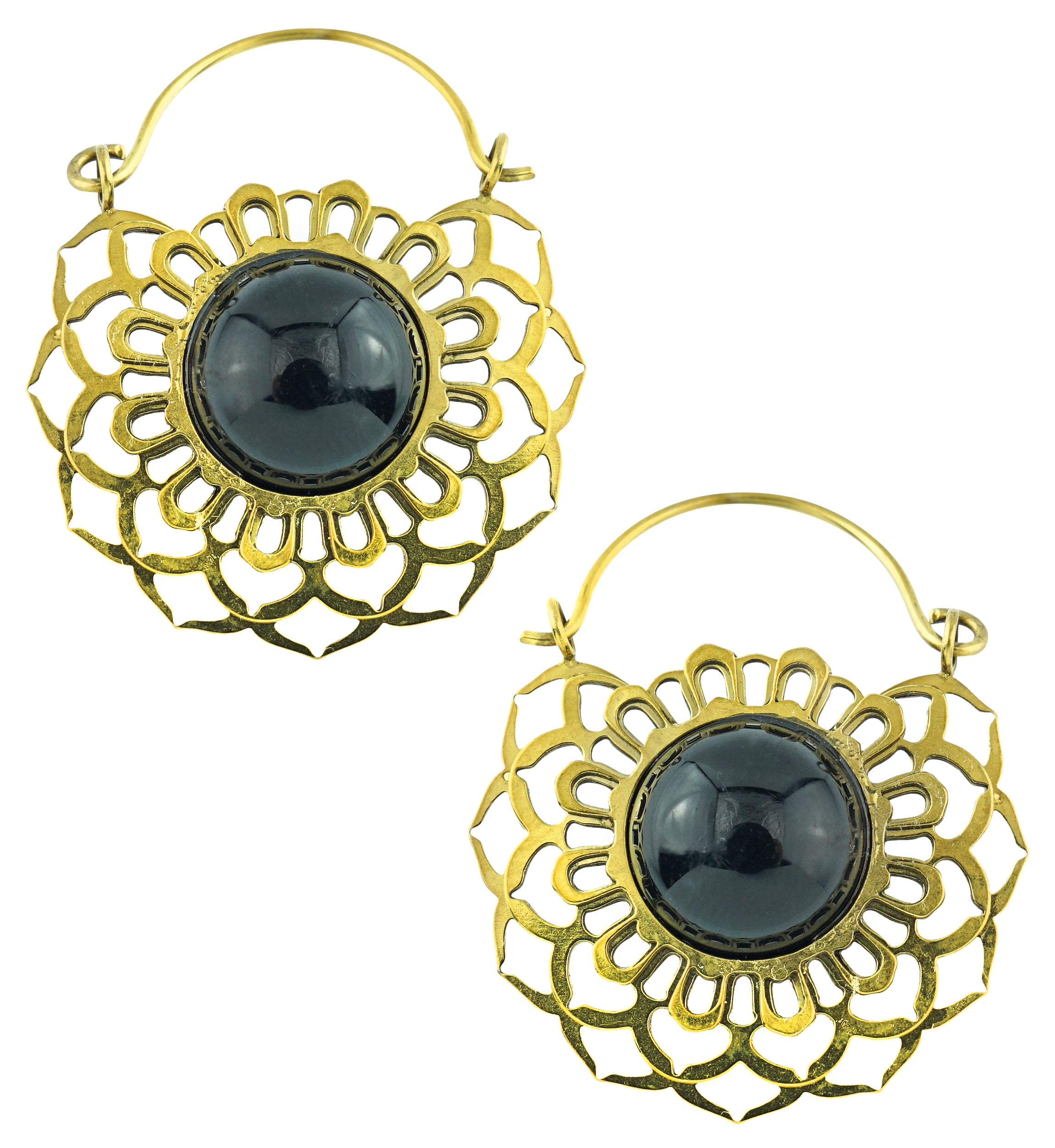 Gold PVD Floral Black Onyx Stone Inlay Stainless Steel Earrings