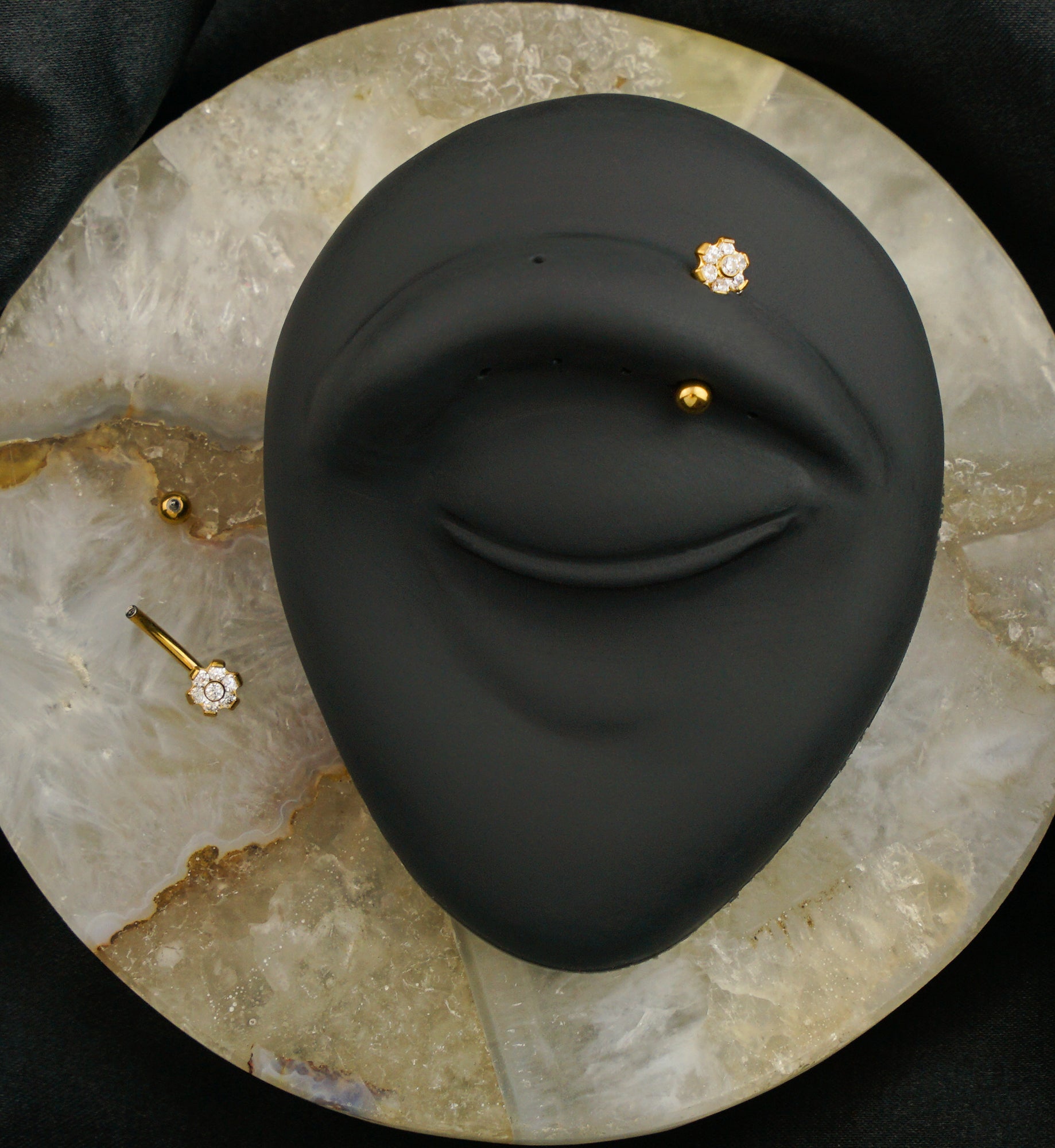 Gold PVD Flower Clear CZ Internally Threaded Titanium Curved Barbell