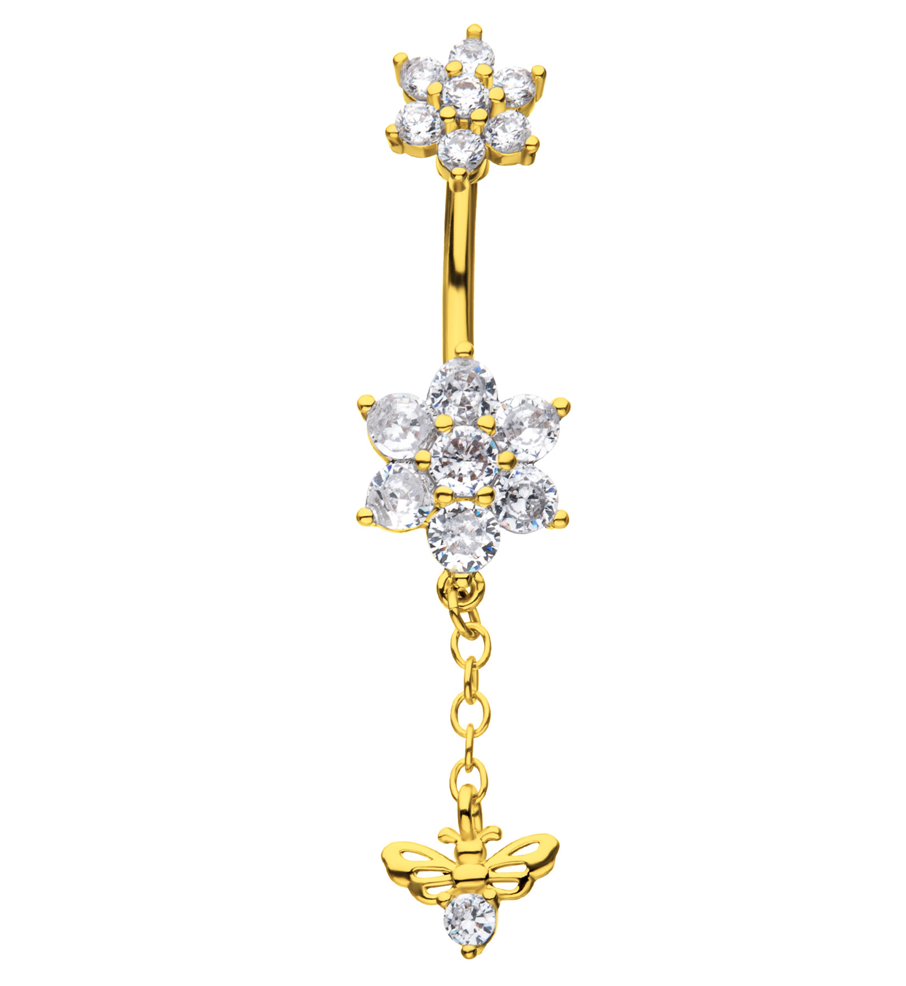 Gold PVD Flower Dangle Bee Clear CZ Stainless Steel Belly Button Ring