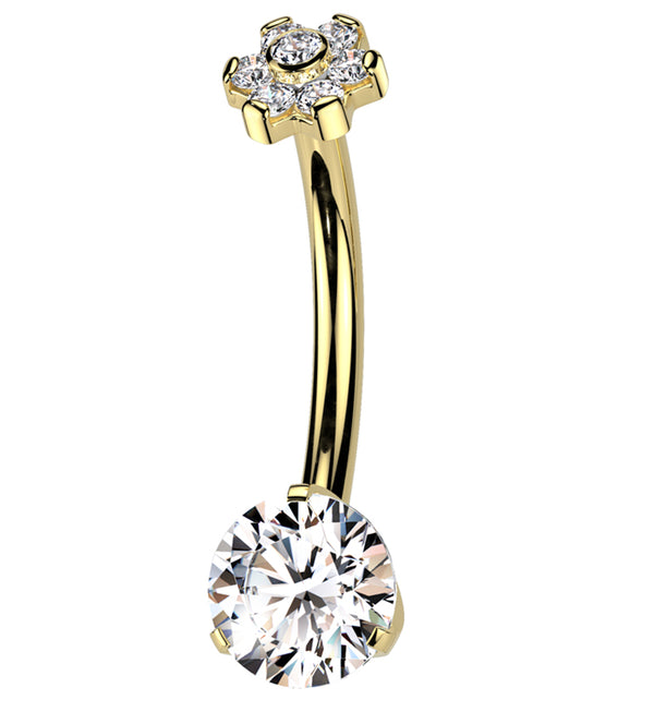 Gold PVD Flower Top Clear CZ Internally Threaded Titanium Belly Button Ring