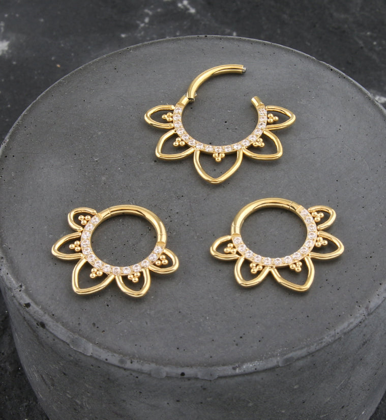 Gold PVD Flower Trace Clear CZ Titanium Hinged Segment Ring