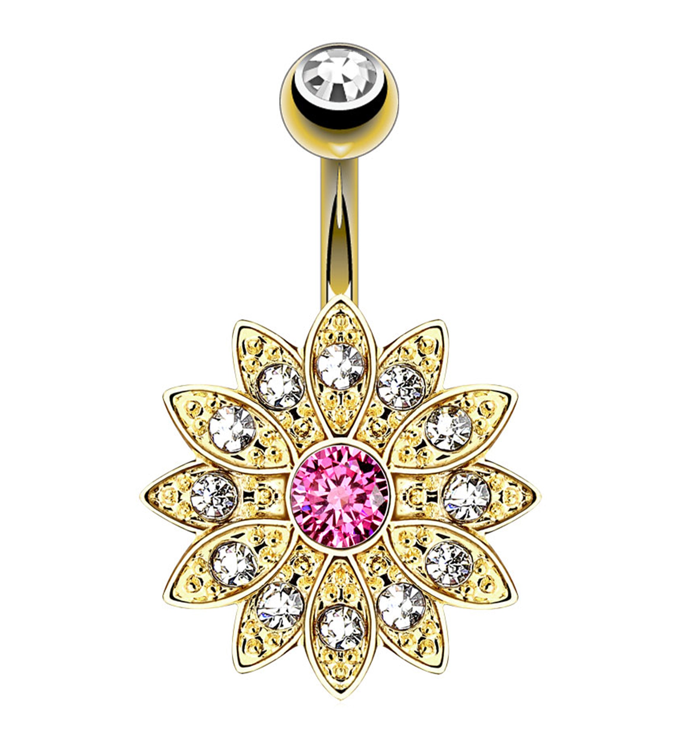 Gold PVD Flower with CZ Gem Belly Button Ring