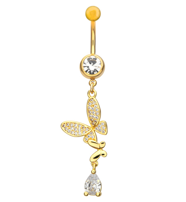 Gold PVD Flying Teardrop Butterfly Clear CZ Dangle Stainless Steel Belly Button Ring