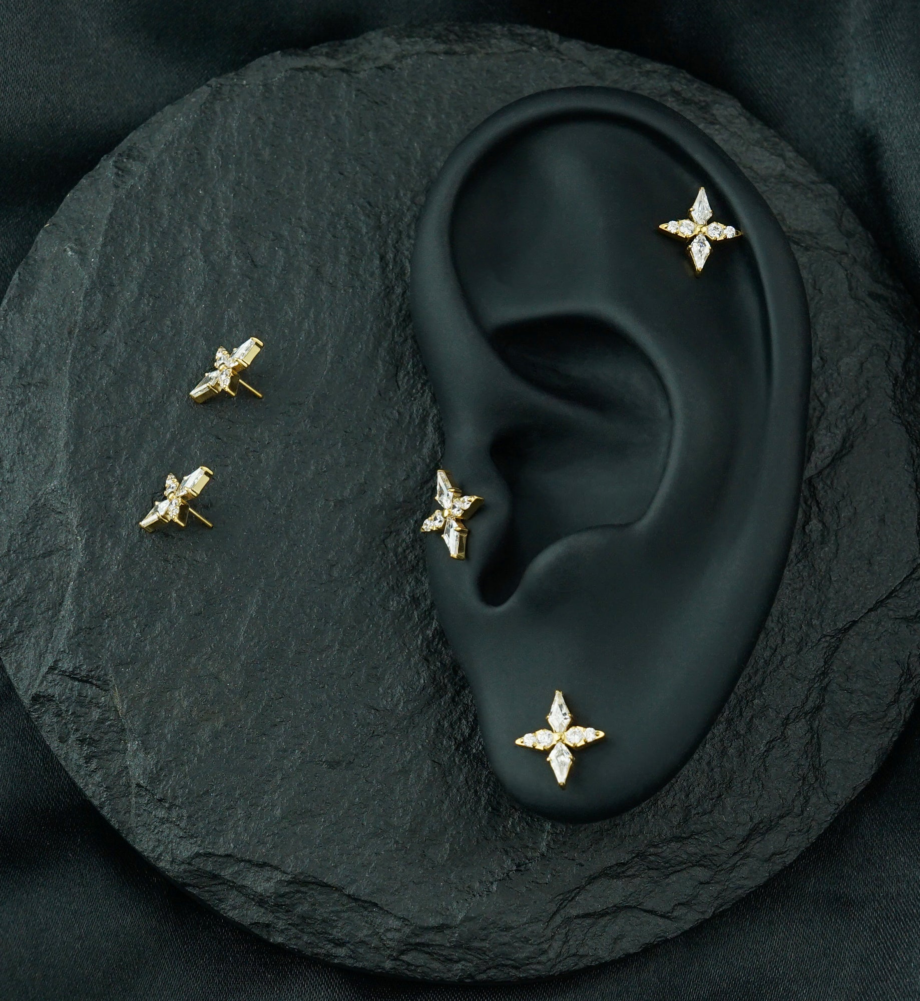 Gold PVD Four Point Star Clear CZ Titanium Threadless Top