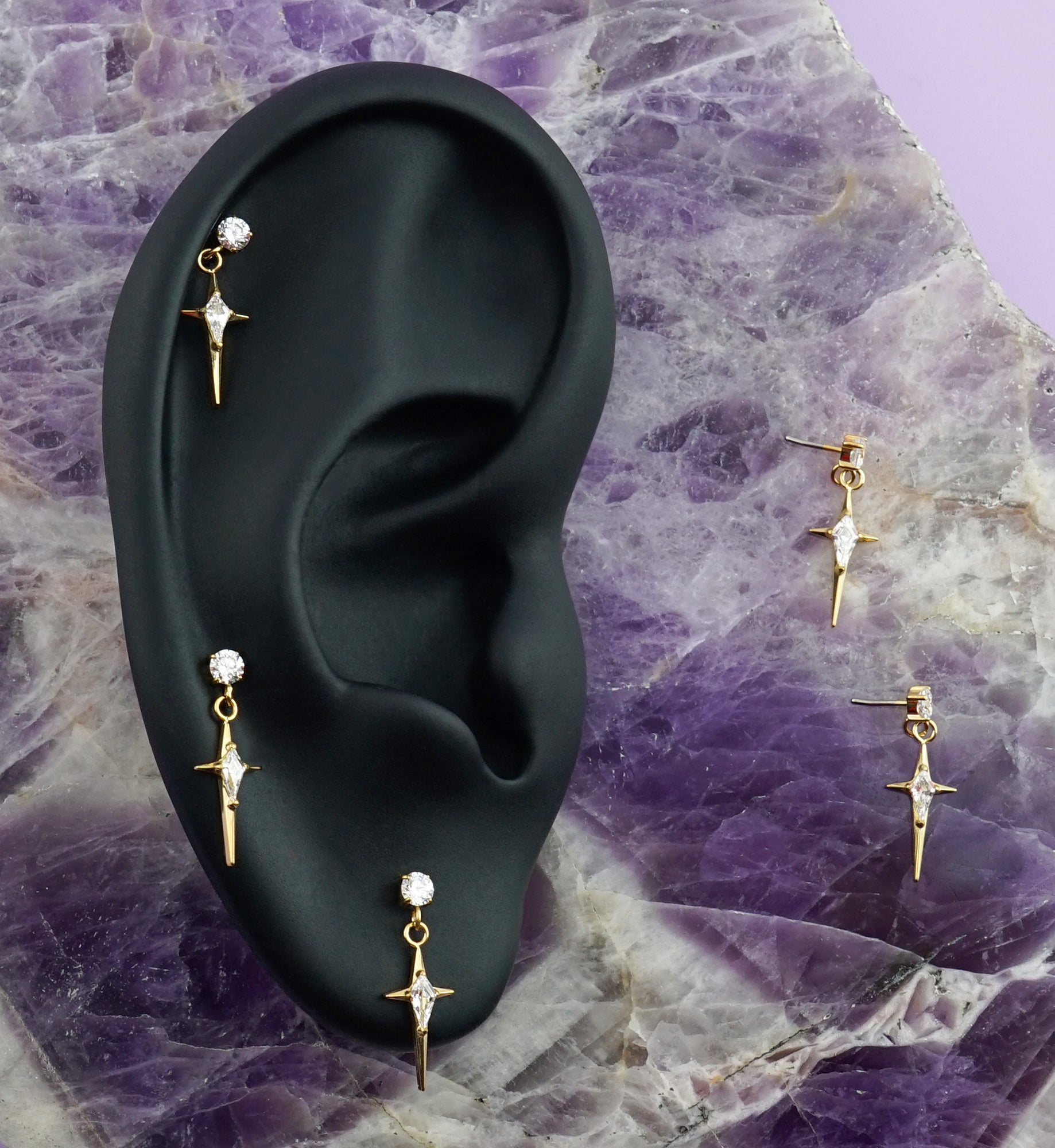 Gold PVD Four Point Star CZ Dangle Titanium Threadless Top
