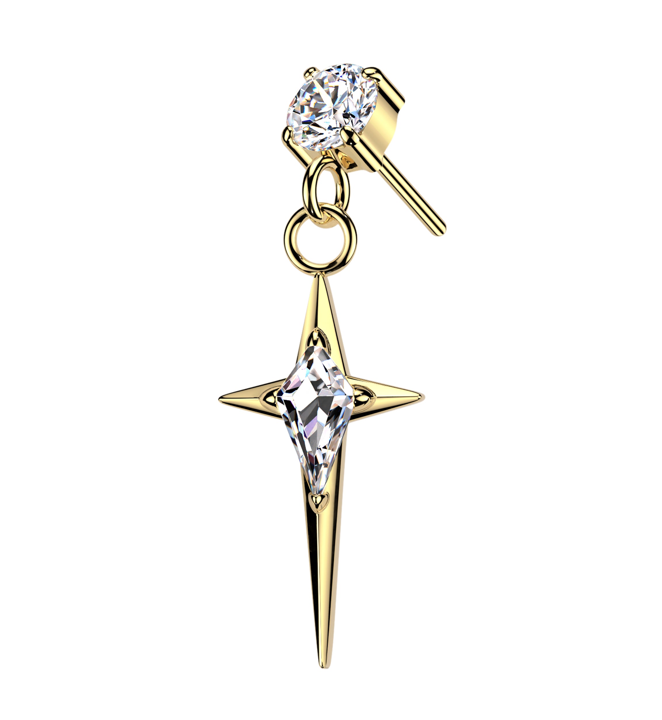Gold PVD Four Point Star CZ Dangle Titanium Threadless Top