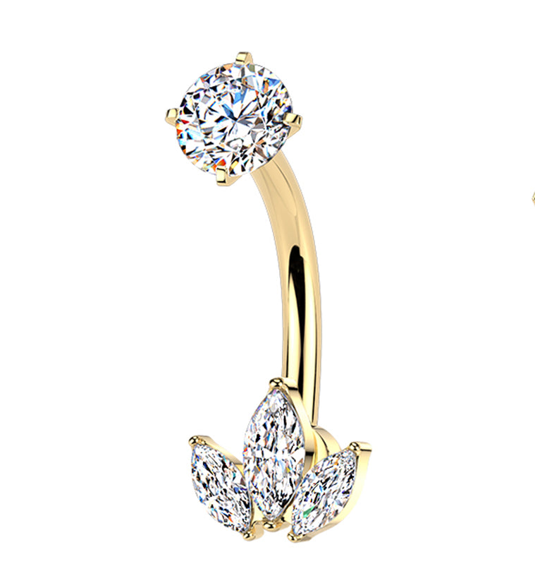 Gold PVD Frond CZ Stainless Steel Internally Threaded Belly Button Ring