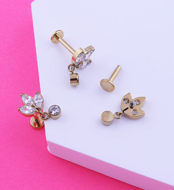Gold PVD Frond Dangle Clear CZ Internally Threaded Titanium Labret