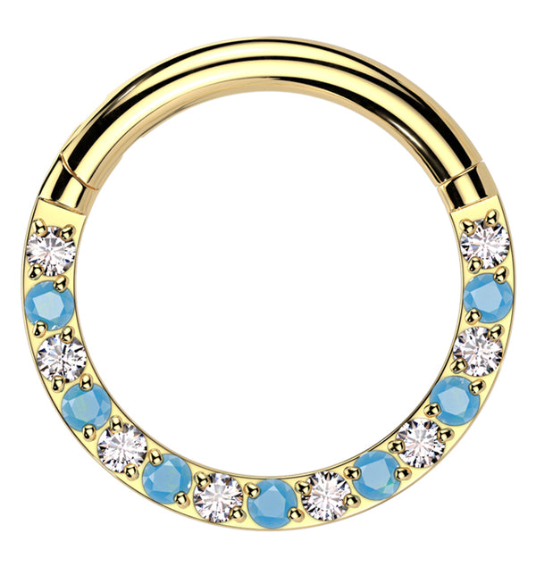 Gold PVD Front Facing Clear CZ Turquoise Titanium Hinged Segment Ring