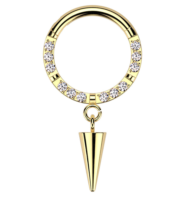 Gold PVD Front Facing Cone Dangle Clear CZ Row Titanium Hinged Segment Ring
