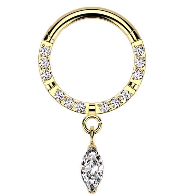 Gold PVD Front Facing Marquise Dangle Clear CZ Row Titanium Hinged Segment Ring