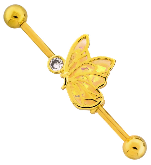 Gold PVD Glitter Butterfly Clear CZ Stainless Steel Industrial Barbell