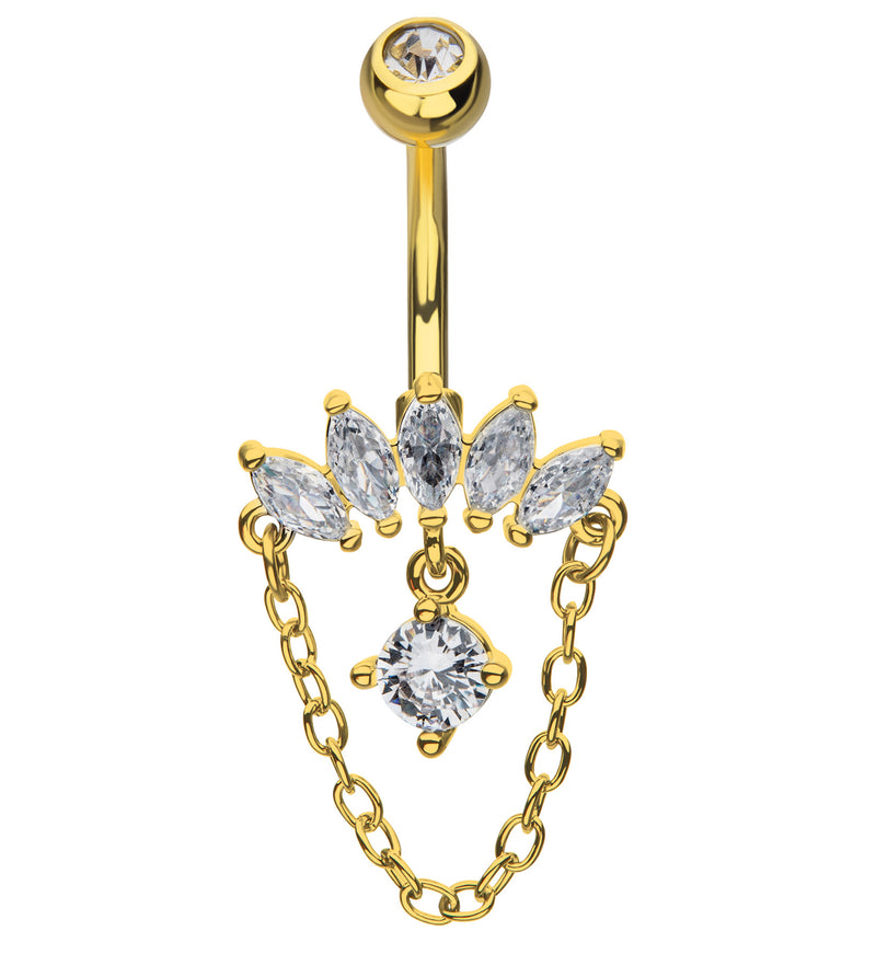Gold PVD Half Crown Clear CZ Dangle Chain Stainless Steel Belly Button Ring