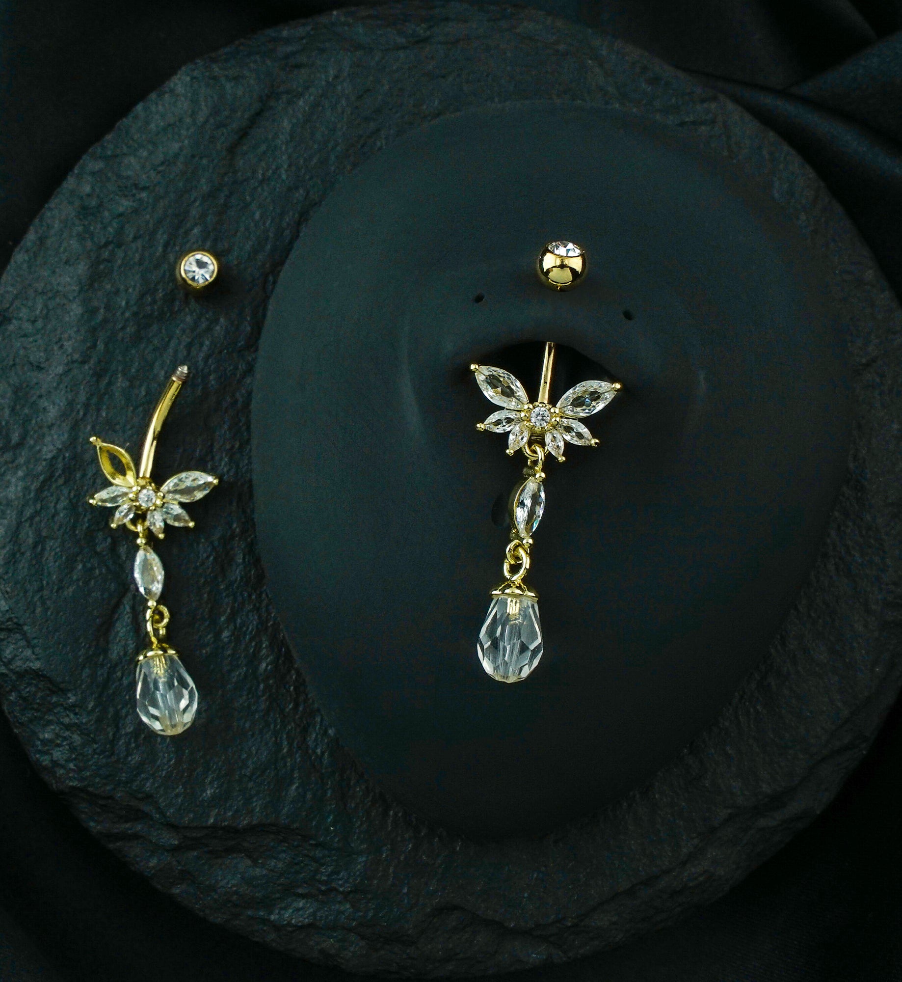 Gold PVD Half Flower Clear CZ Dangle Faceted Charm Stainless Steel Belly Button Ring