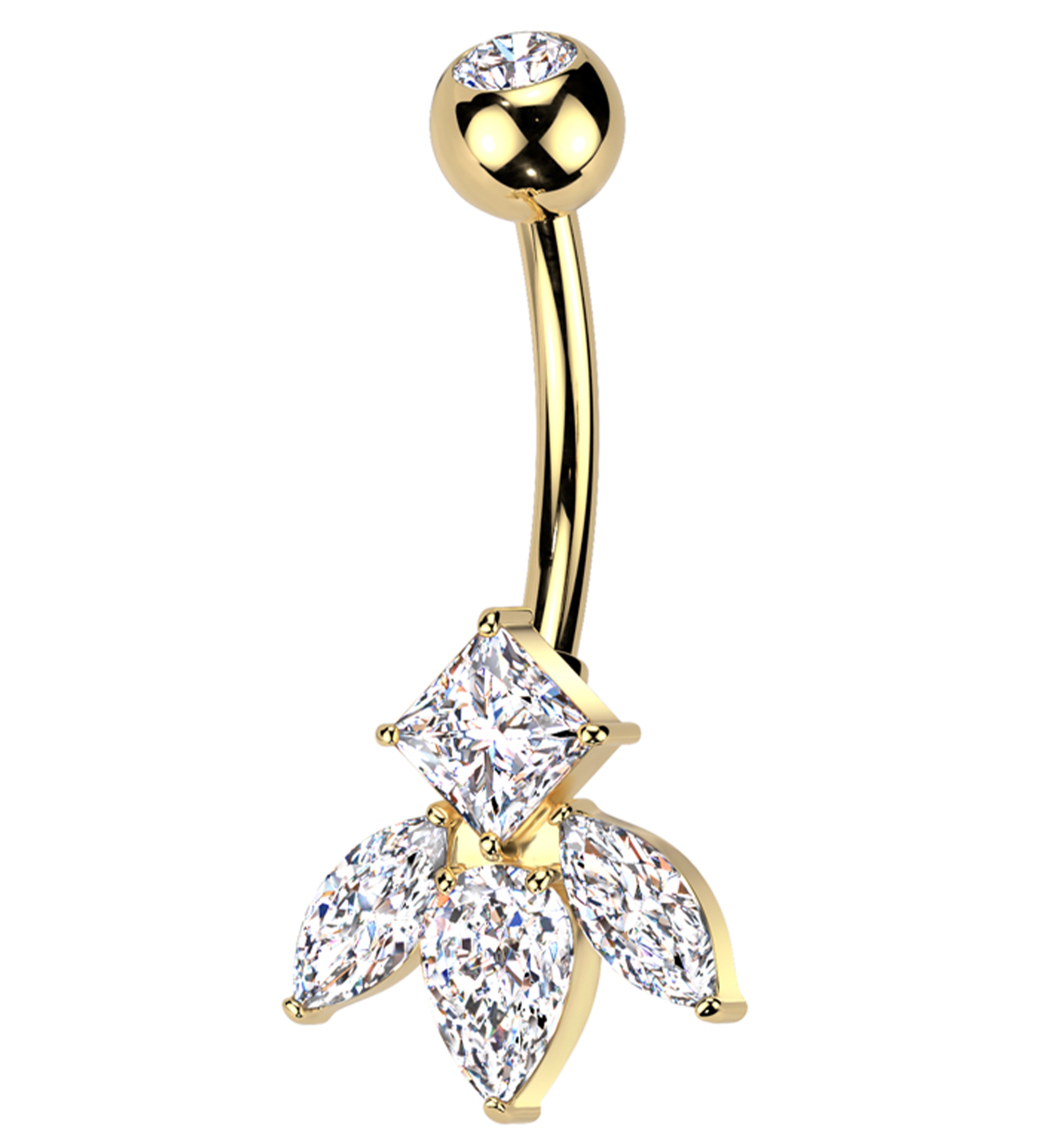 Gold PVD Half Flower Clear CZ Titanium Belly Button Ring