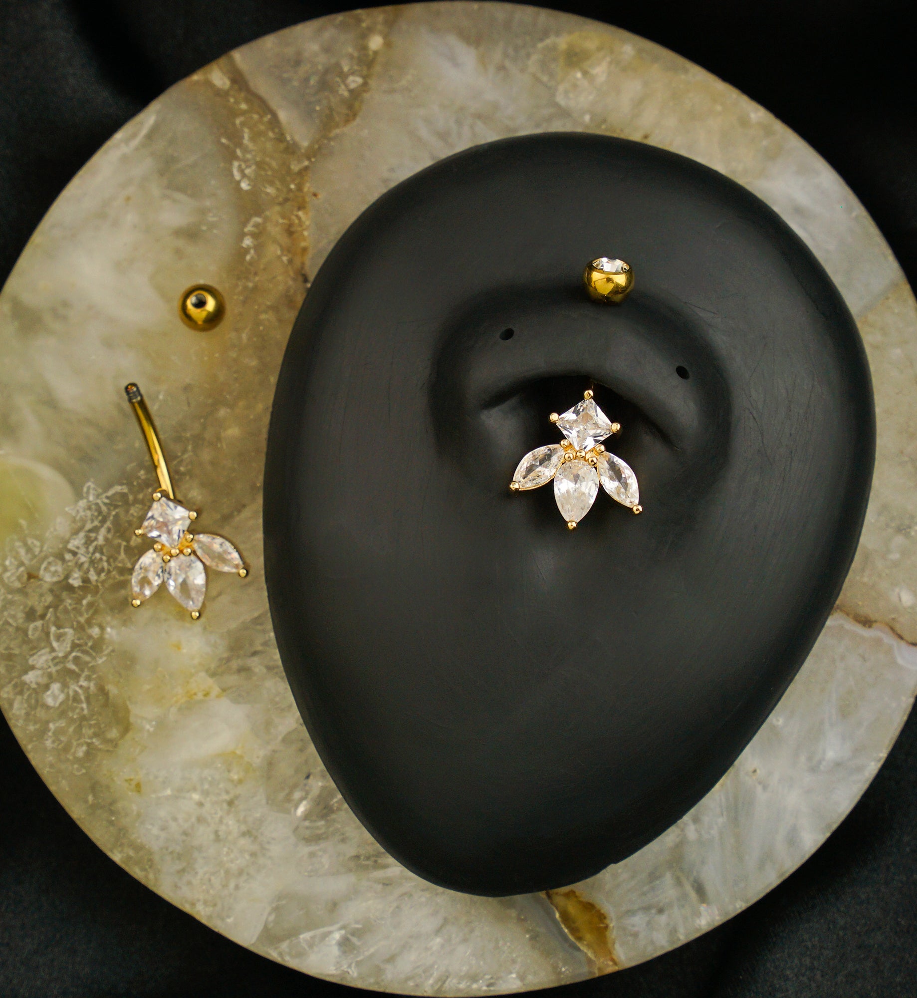 Gold PVD Half Flower Clear CZ Titanium Belly Button Ring