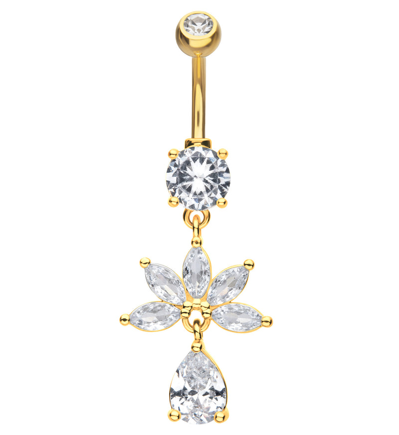 Gold PVD Half Flower Marquise Clear CZ Teardrop Dangle Stainless Steel Belly Button Ring