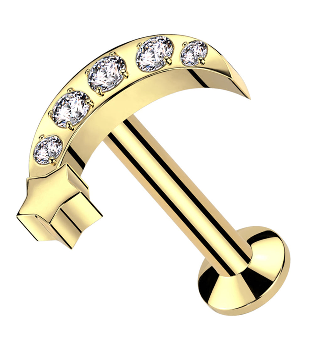 Gold PVD Half Moon Star Clear CZ Stainless Steel Convex Back Threadles