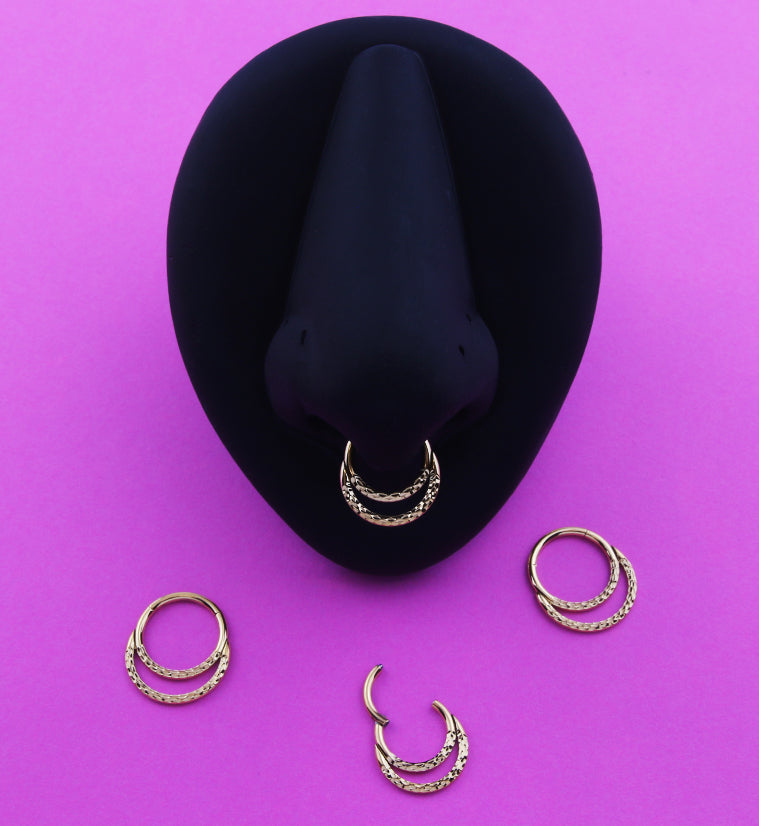 Gold PVD Hammered Double Hoop Titanium Hinged Segment Ring