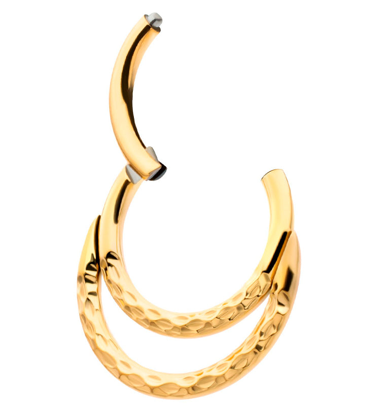 Gold PVD Hammered Double Hoop Titanium Hinged Segment Ring