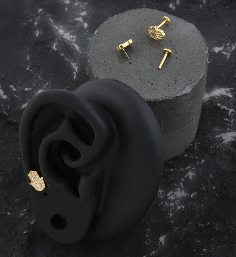 Gold PVD Hamsa Hand Clear CZ Threadless Titanium Labret