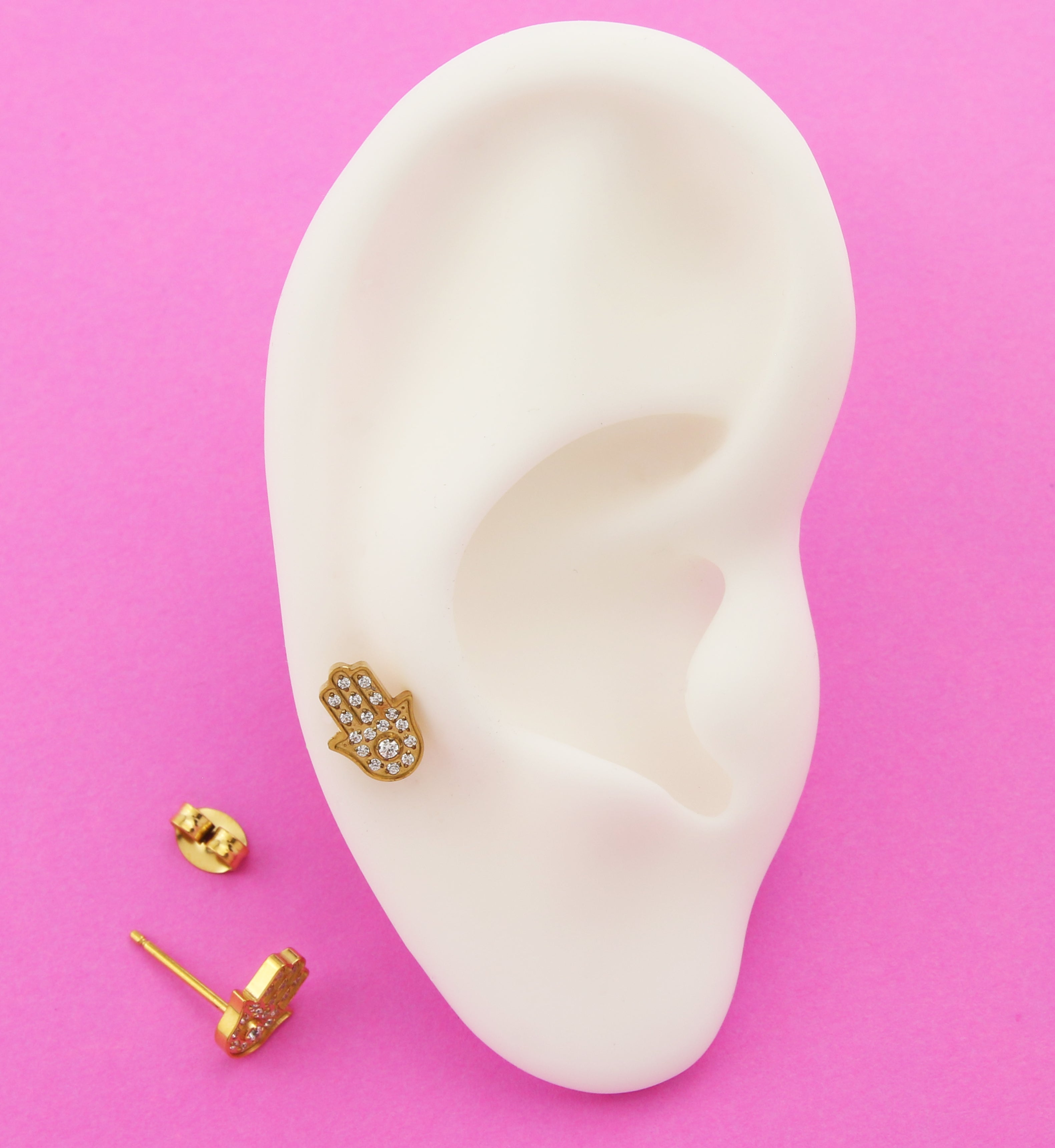 Gold PVD Hamsa Hand Titanium Threadless Stud Earrings