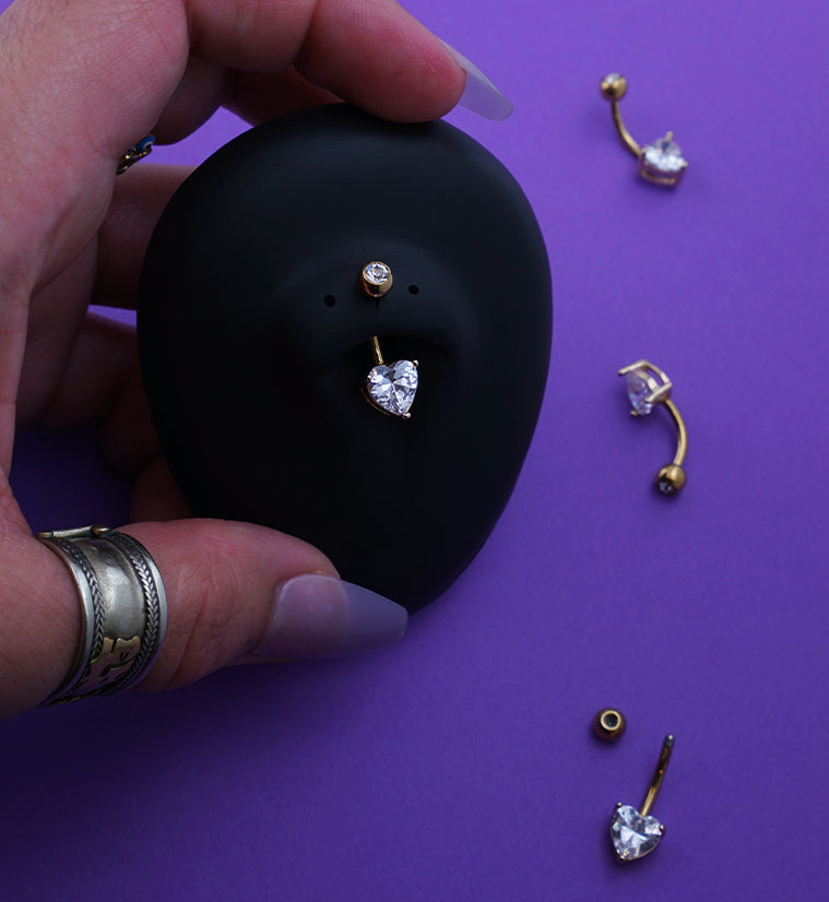 Gold PVD Heart Brass Prong Clear CZ Titanium Belly Button Ring