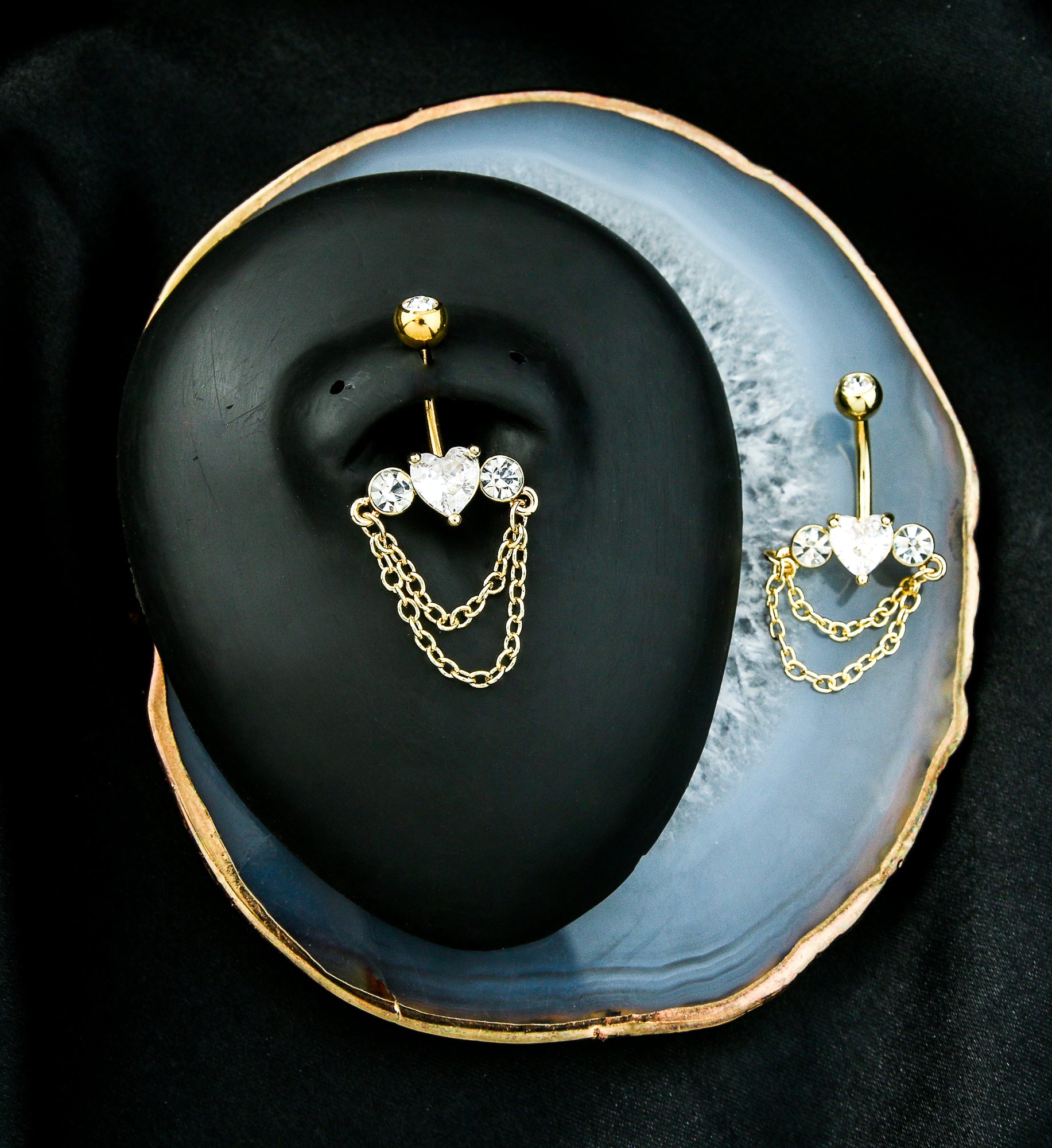 Gold PVD Heart Center Clear CZ Double Dangle Chain Stainless Steel Belly Button Ring