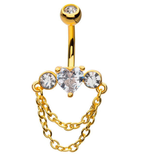 Gold PVD Heart Center Clear CZ Double Dangle Chain Stainless Steel Belly Button Ring