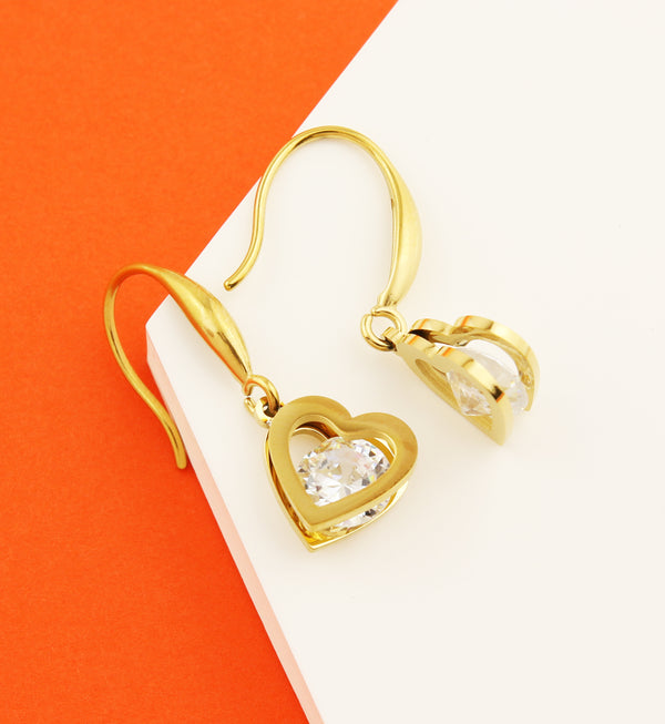 Gold PVD Heart Clear CZ Dangle Stainless Steel Earrings