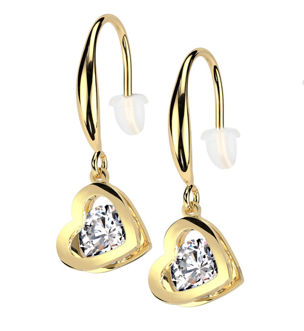 Gold PVD Heart Clear CZ Dangle Stainless Steel Earrings