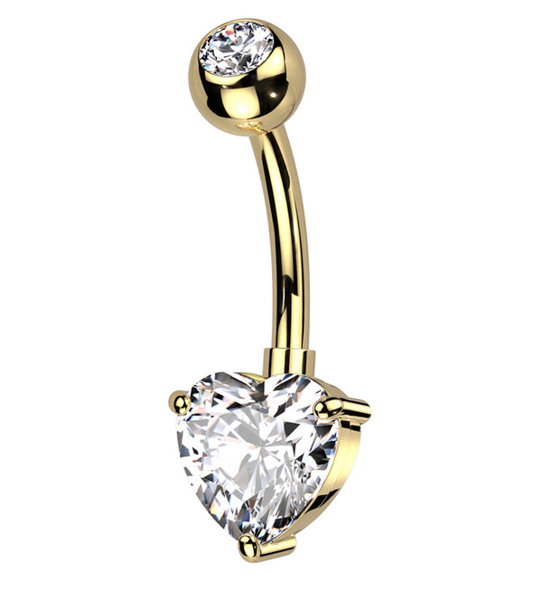 Gold PVD Heart Prong Clear CZ Titanium Belly Button Ring