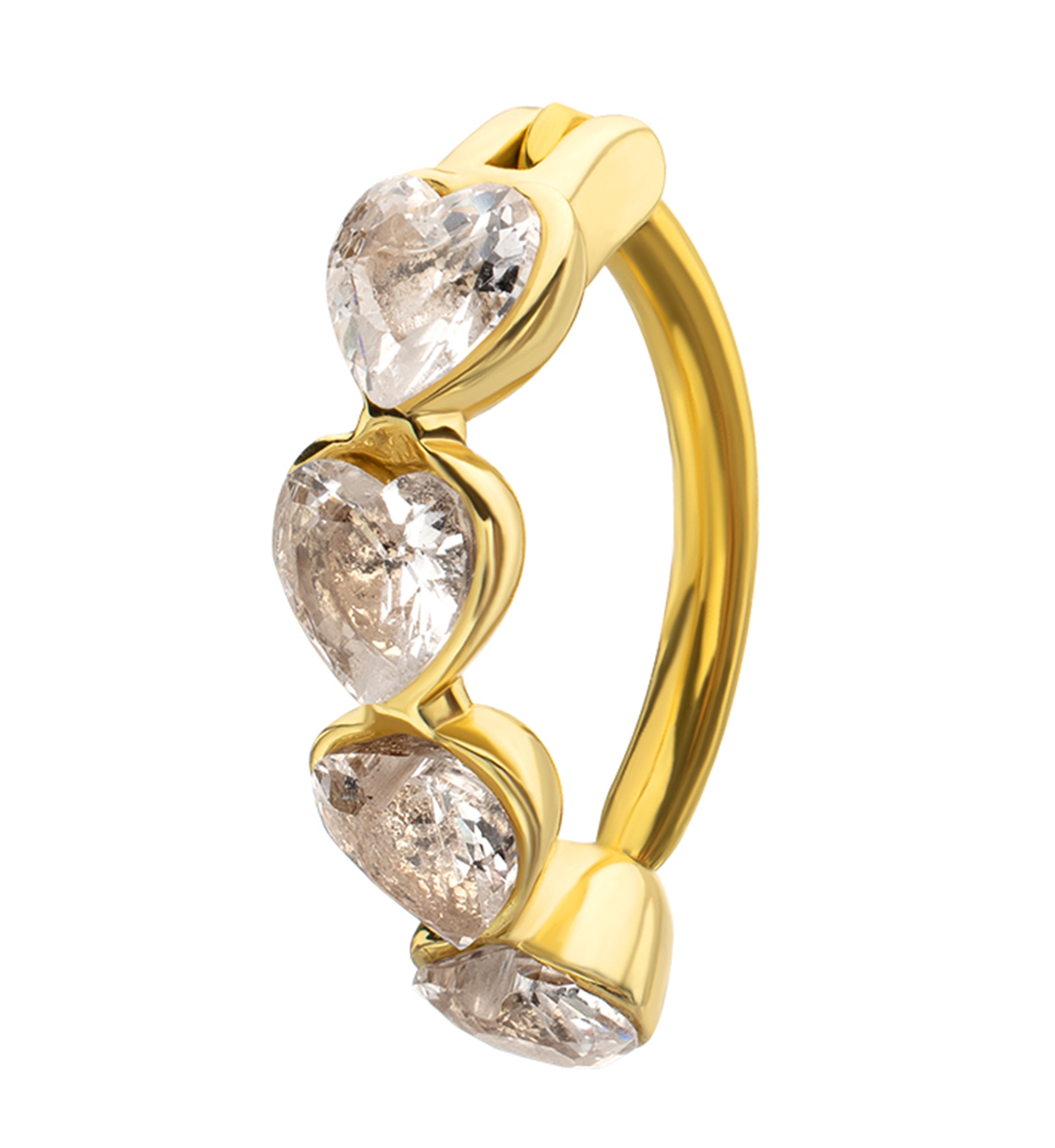 Gold PVD Heart Row Clear CZ Stainless Steel Hinged Belly Button Ring