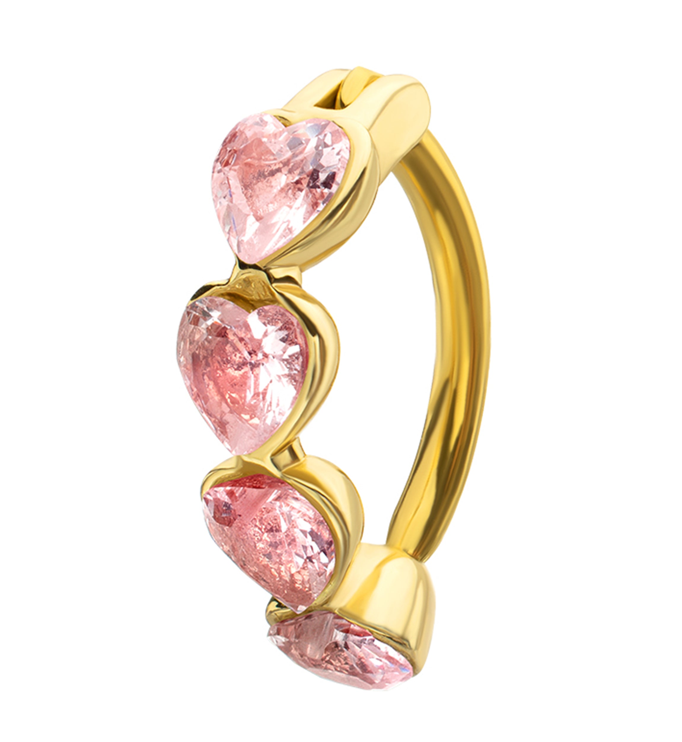 Gold PVD Heart Row Pink CZ Stainless Steel Hinged Belly Button Ring