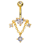 Gold PVD Heart Triple Clear CZ Dangle Chain Stainless Steel Belly Button Ring