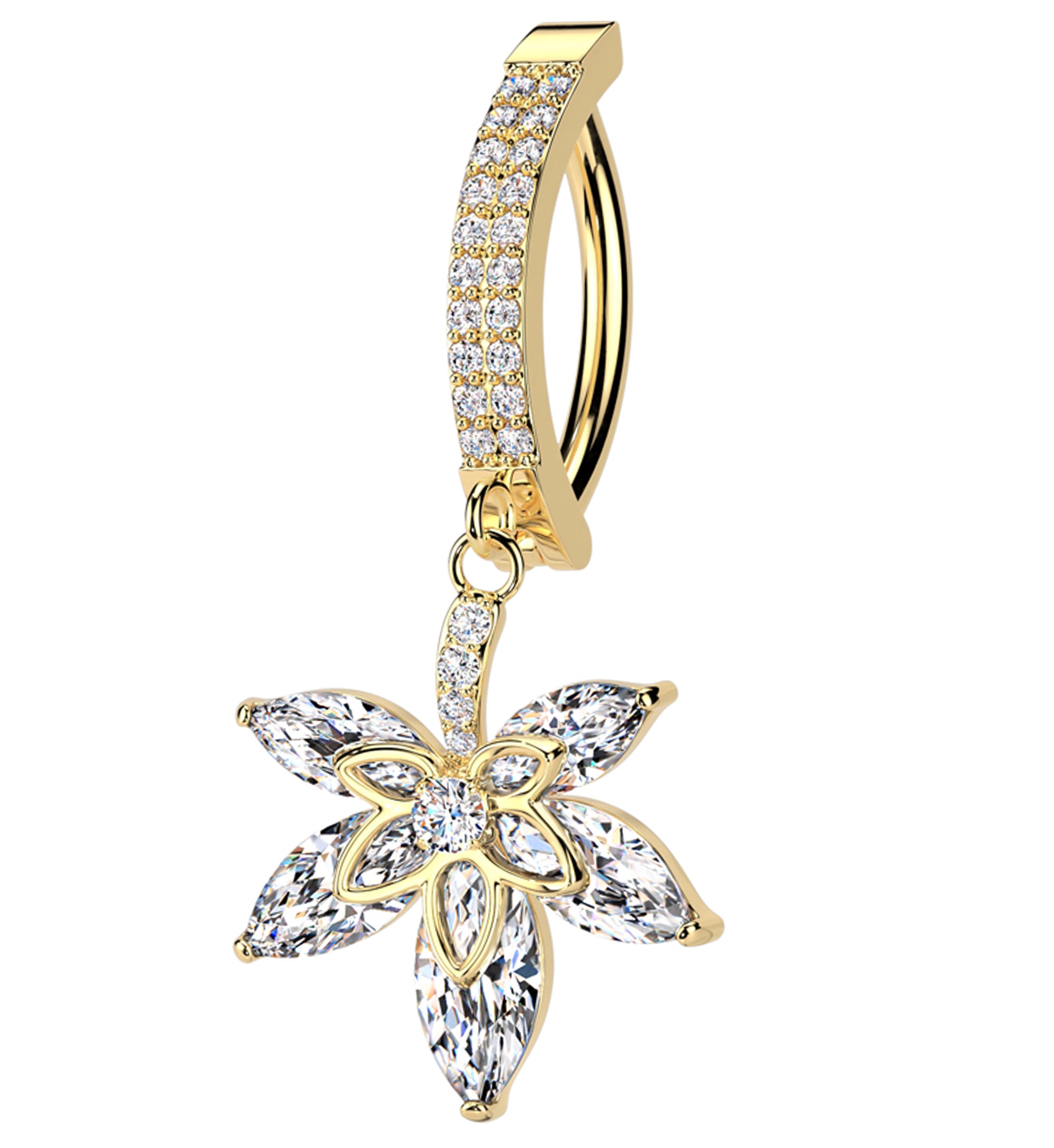 Gold PVD Hemp Leaf Dangle Clear CZ Stainless Steel Hinged Belly Button Ring
