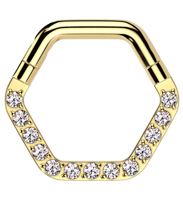Gold PVD Hexagon Clear CZ Stainless Steel Hinged Segment Ring