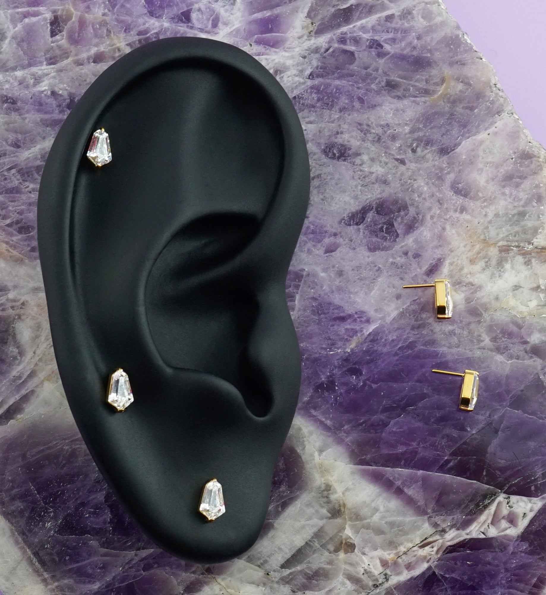 Gold PVD Hexagonal Clear CZ Titanium Threadless Top