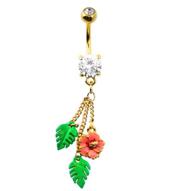 Gold PVD Hibiscus Flower Clear CZ Dangle Stainless Steel Belly Button Ring