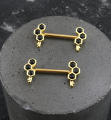 Gold PVD Honeycomb Drip Black CZ Stainless Steel Nipple Barbell