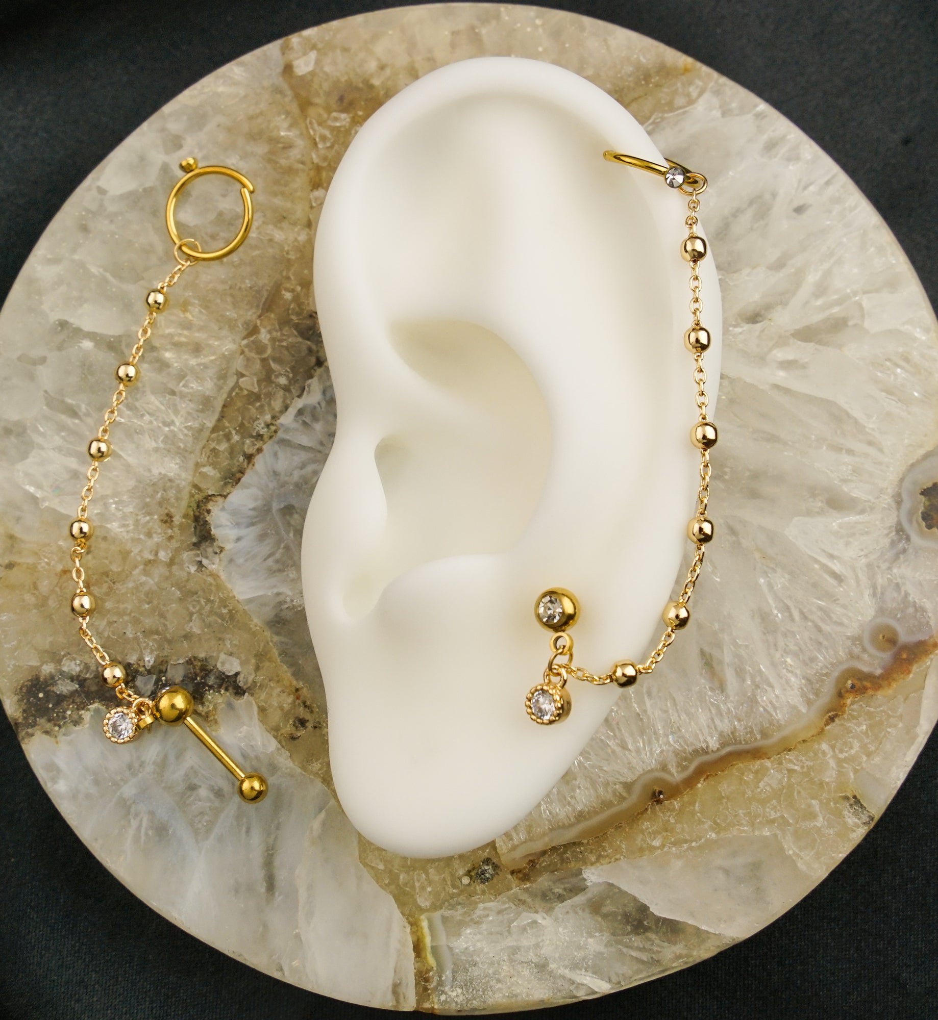 Gold PVD Hoop/Barbell Clear CZ Stainless Steel Ball Piercing Chain