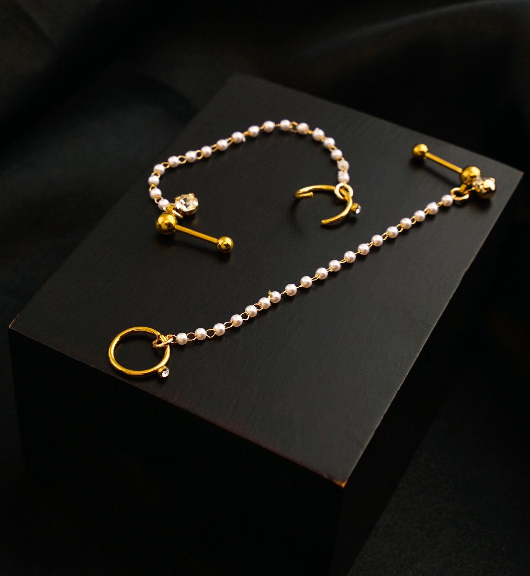 Gold PVD Hoop/Barbell Clear CZ Stainless Steel Mini Pearl Piercing Chain