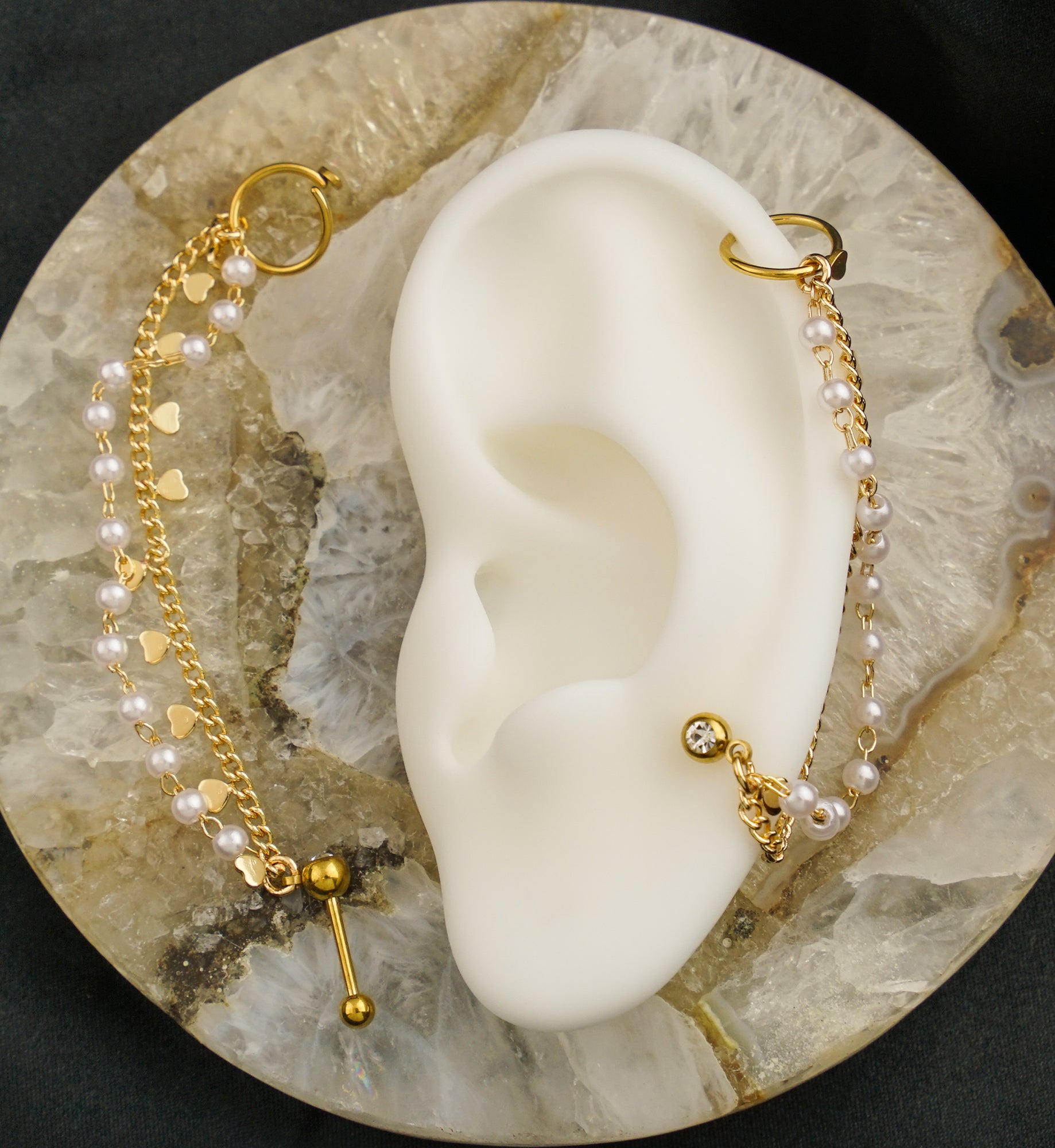 Gold PVD Hoop/Barbell Clear CZ Stainless Steel Pearl And Heart Dual Piercing Chain