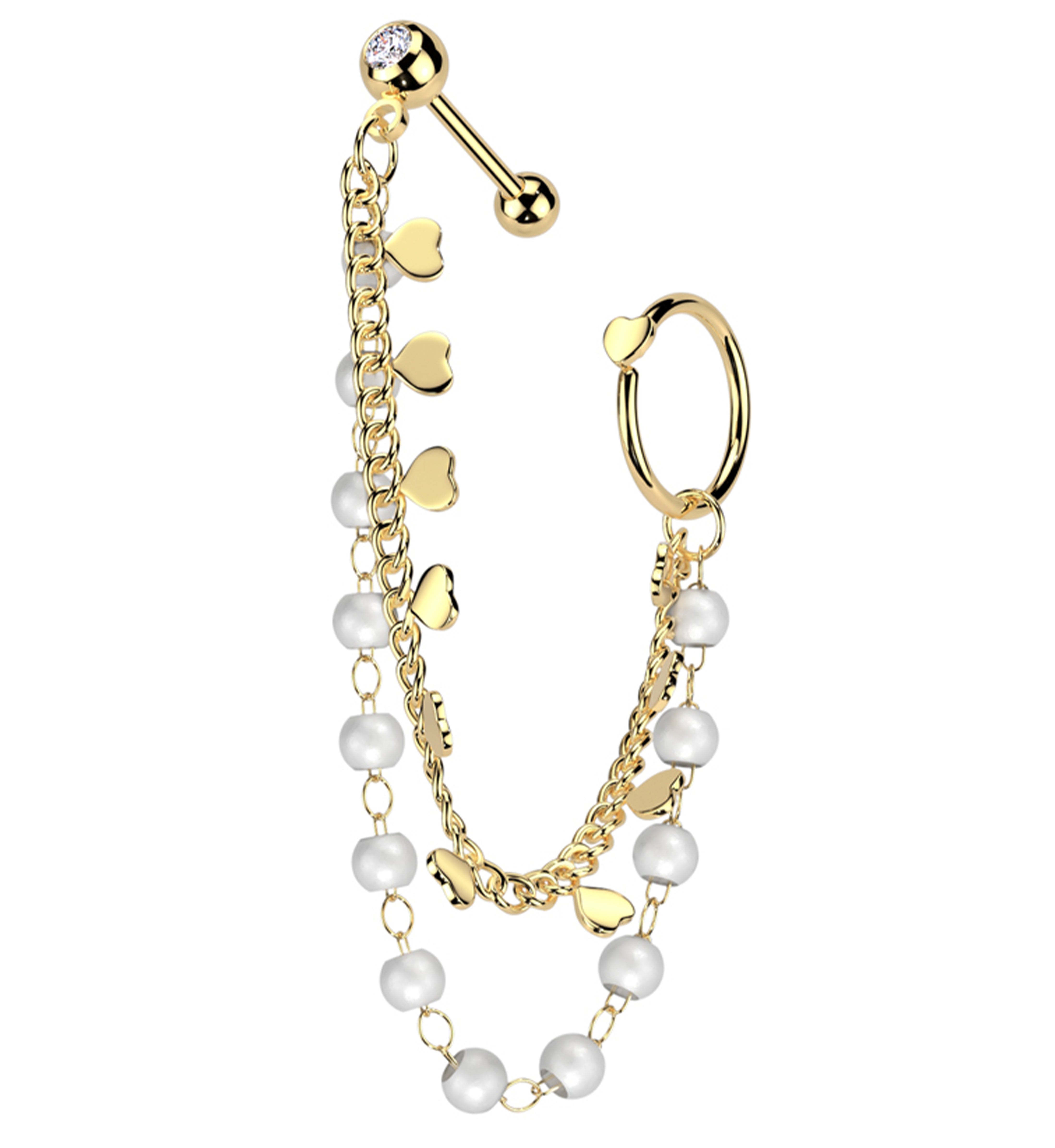 Gold PVD Hoop/Barbell Clear CZ Stainless Steel Pearl And Heart Dual Piercing Chain